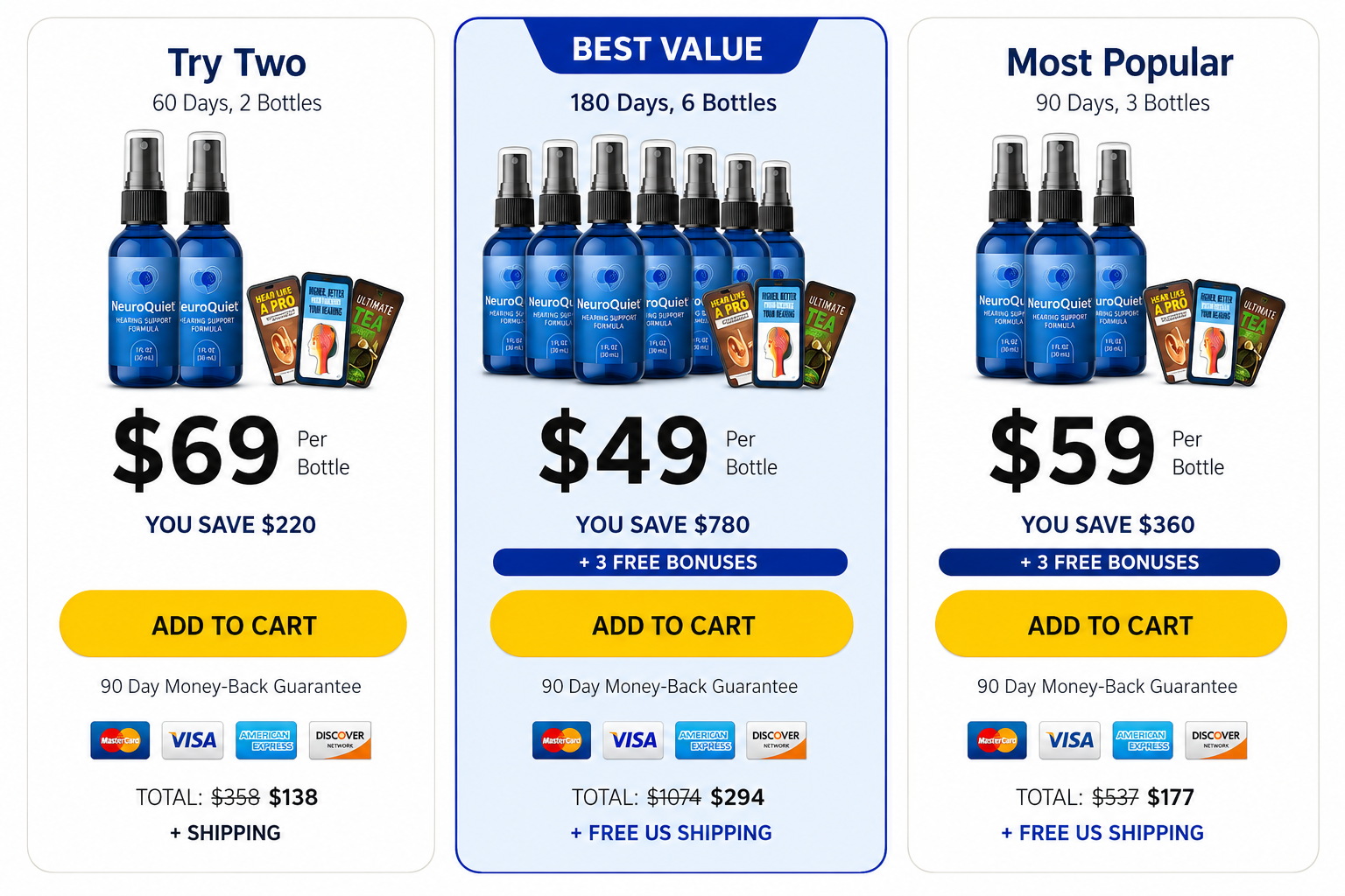NeuroQuiet pricing packages - 2 bottle, 3 bottle and 6 bottle options with discounts